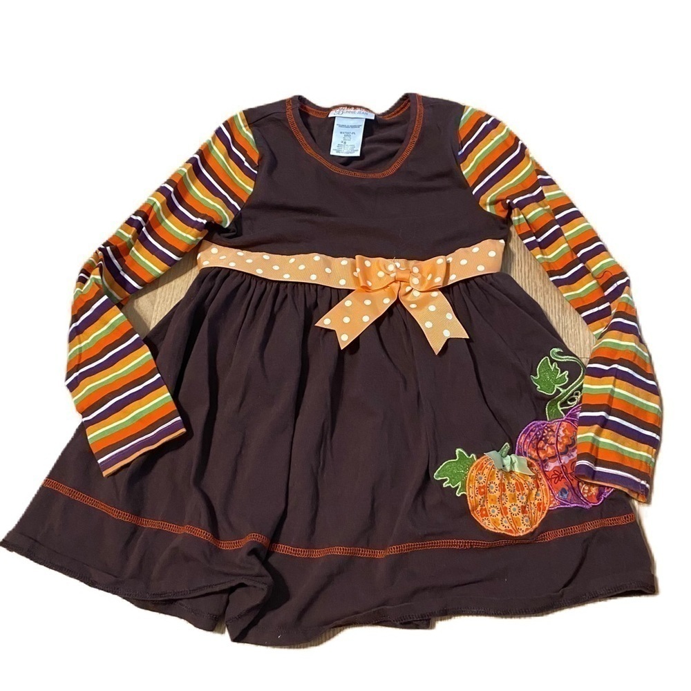 Bonnie Jean Fall Pumpkin Shirt Dress Sz 8 Thanksgiving Striped Sleeves Ribbon